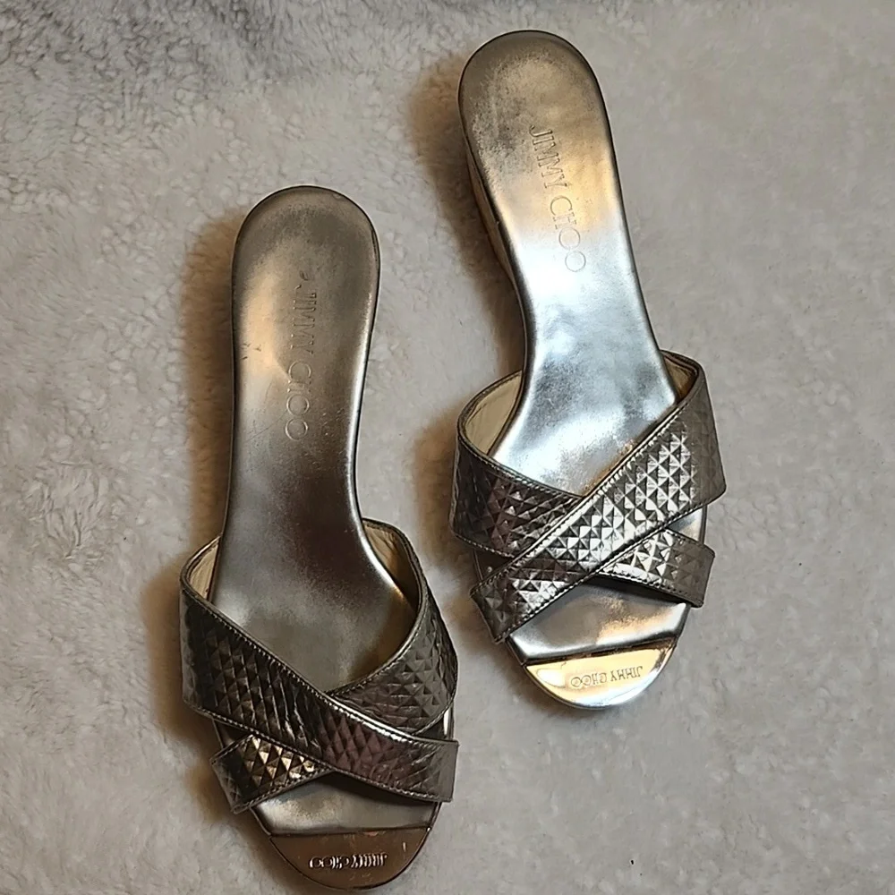 Jimmy Choo Silver Metallic Embossed Leather Panna Cork Slides Size 37.5
